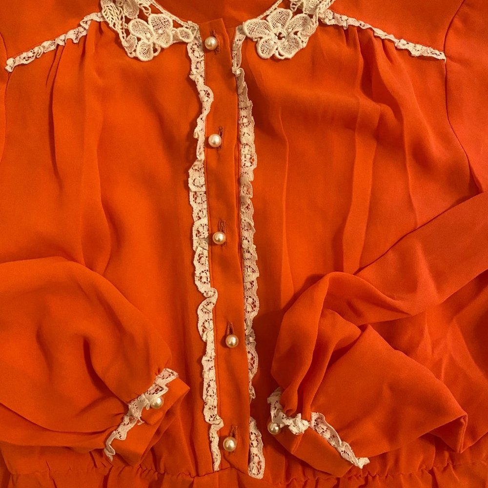 Vintage 1970s handmade orange ivory lace long sleeve a-line midi dress - Picture 7 of 7